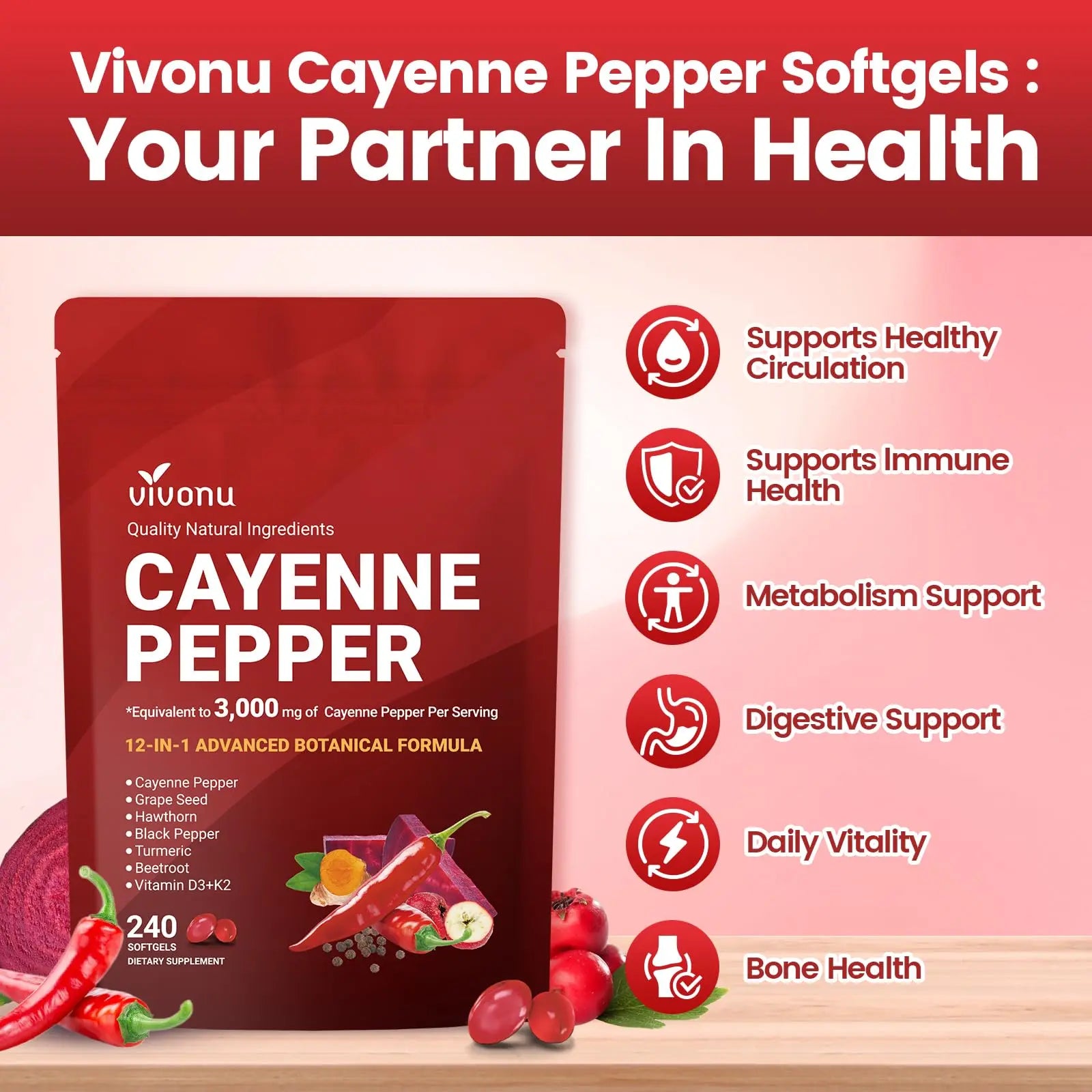 VivoNu Cayenne Pepper Softgels Supplement, Supports Leg Vein, Heart and Blood Vessel Health, with Vitamin E D3+K2 and Extracts of Grape Seed, Hawthorn VivoNu