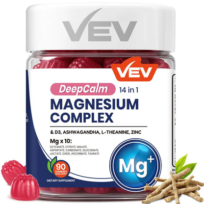 VEV Deep Calm Magnesium Complex 14-in-1 Gummies – 90 Count (Pack of 1) – with D3, Ashwagandha, L-theanine, Zinc – Magnesium Complex for Women and Men VEV