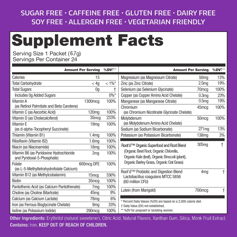 Root'd Prenatal Multivitamin Powder - 25 Vitamins & Minerals with 3X Electrolytes, Folate, Iron Root'd