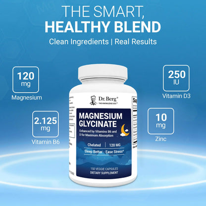 Dr. Berg Magnesium Glycinate 150ct – 4-in-1 Chelated for Muscle, Nerve, Sleep & Stress Support*– w/ D3, B6 & Zinc – 4X Lab-Tested – No Fillers – Formulated in USA, GMP-Certified Dr. Berg Nutritionals buy supplements Au