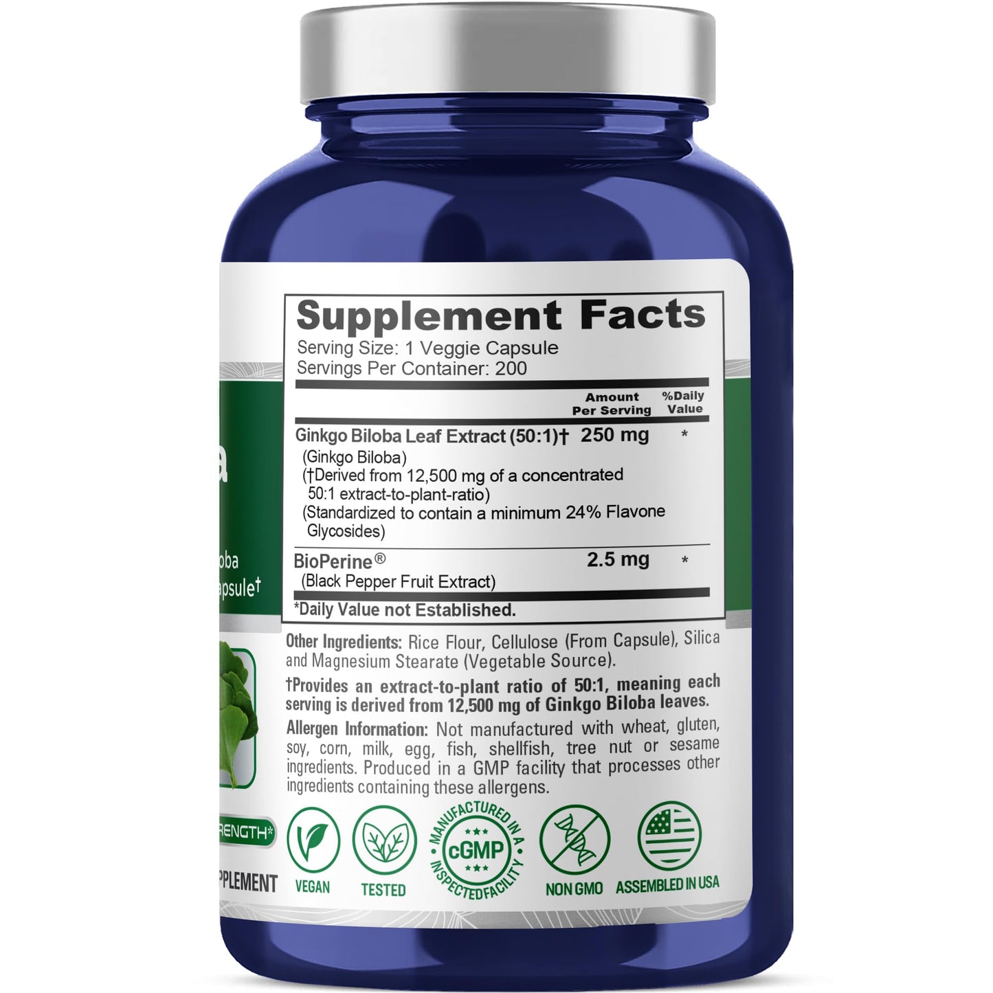 NusaPure Ginkgo Biloba 50:1 Extract, 250 mg Equivalent to 12,500 mg per Veggie Caps 200 Capsules (Vegetarian, Non-GMO, Vegan) Bioperine NusaPureBuy Supplements Australia