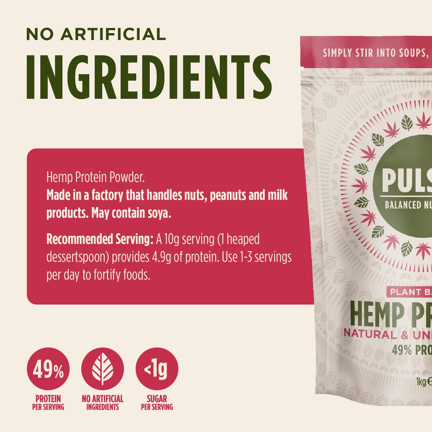 Pulsin - Natural Unflavoured Vegan Hemp Protein Powder - 1kg - 4.9g Protein, 0.4g Carbs, 35 Kcal Per Serving Pulsin