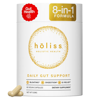 HOLISS Daily Gut Health Capsules – 8-in-1 All Natural Supplement, Lemon Balm, Bloat & Gas Relief, GI Lining Repair, HOLISS
