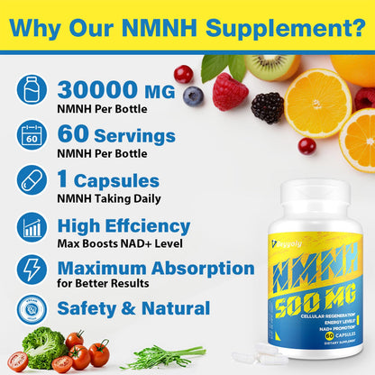 NMNH (NMN Supplement Alternative) NAD Supplements for Anti Aging, Energy, Immune, Focus (Dihydronicotinamide Mononucleotide) 500mg, to Boost NAD+ Levels As We Age, Pure Organic - 60 Capsules BeyyolyBuy Supplements Australia
