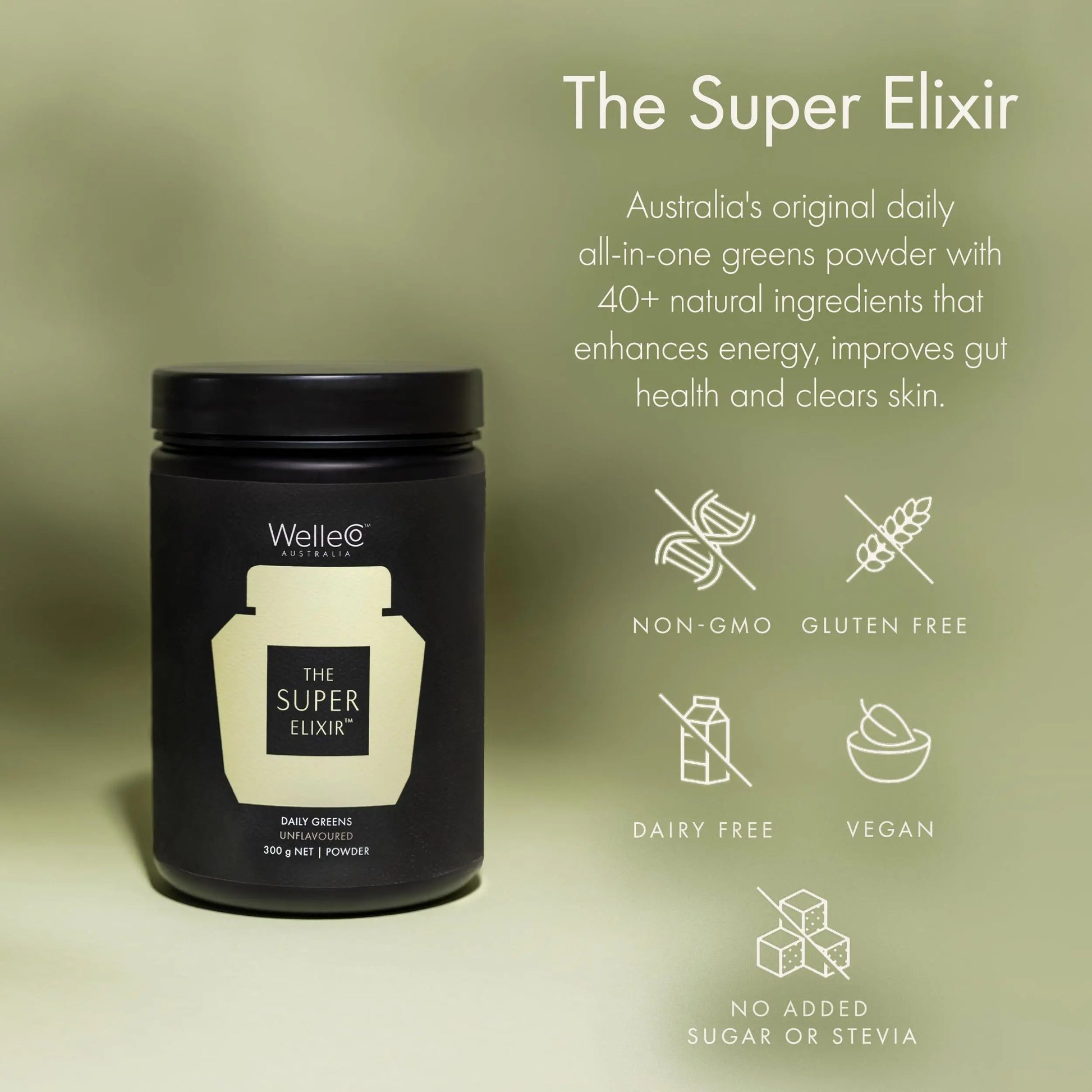 WelleCo The Super Elixir, Daily Greens Powder with Probiotics, Superfoods & Whole Foods, Unflavored Drink Mix for Gut Health, Immunity, Energy, Skin & Hair, 10.5oz Jar WelleCo buy supplements Au