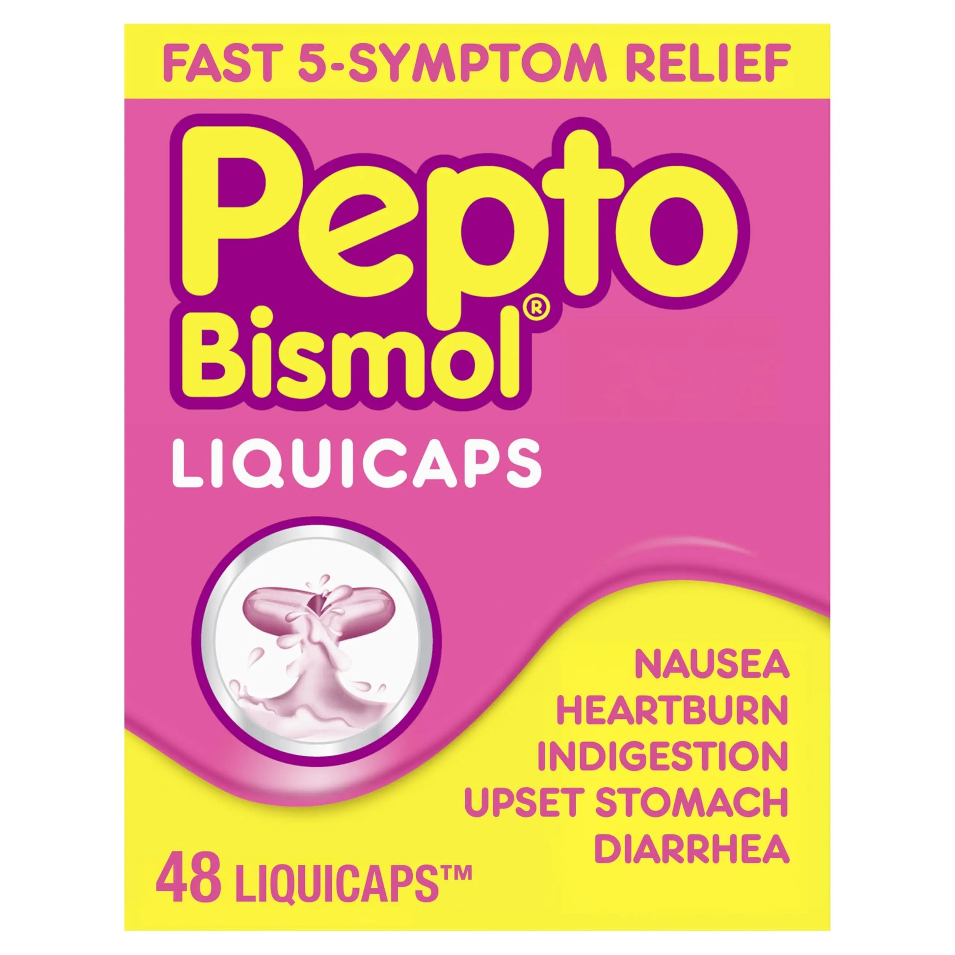 Pepto-Bismol Liquicaps packaging with pink and yellow design on a white background