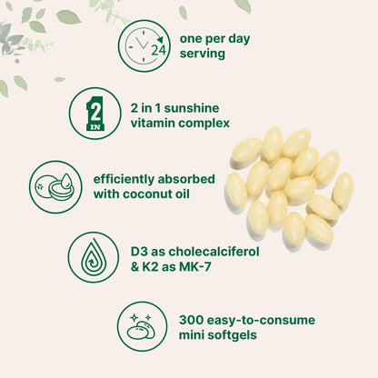 Micro Ingredients Vitamin D3 2,000 IU + K2 MK-7 50 mcg, 300 Softgels | Virgin Coconut Oil | 2-in-1 Support | Easy to Swallow, Non-GMO