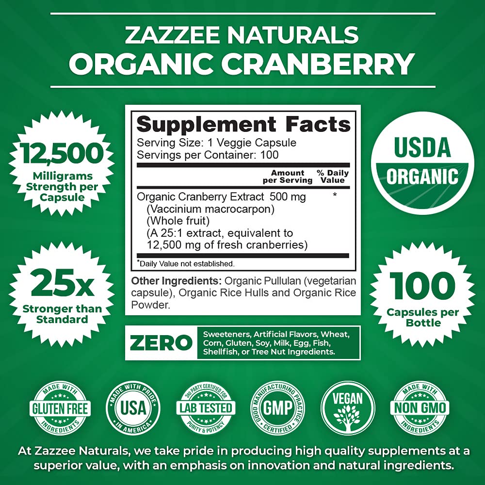 Zazzee USDA Organic Cranberry 25:1 Extract, 12,500 mg Strength, 100 Vegan Capsules Zazzee