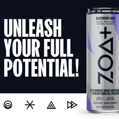 ZOA Plus Sugar-Free Pre-Workout Drink, Ready to Drink with Nitric Oxide, Vitamin B, C and D ZOA