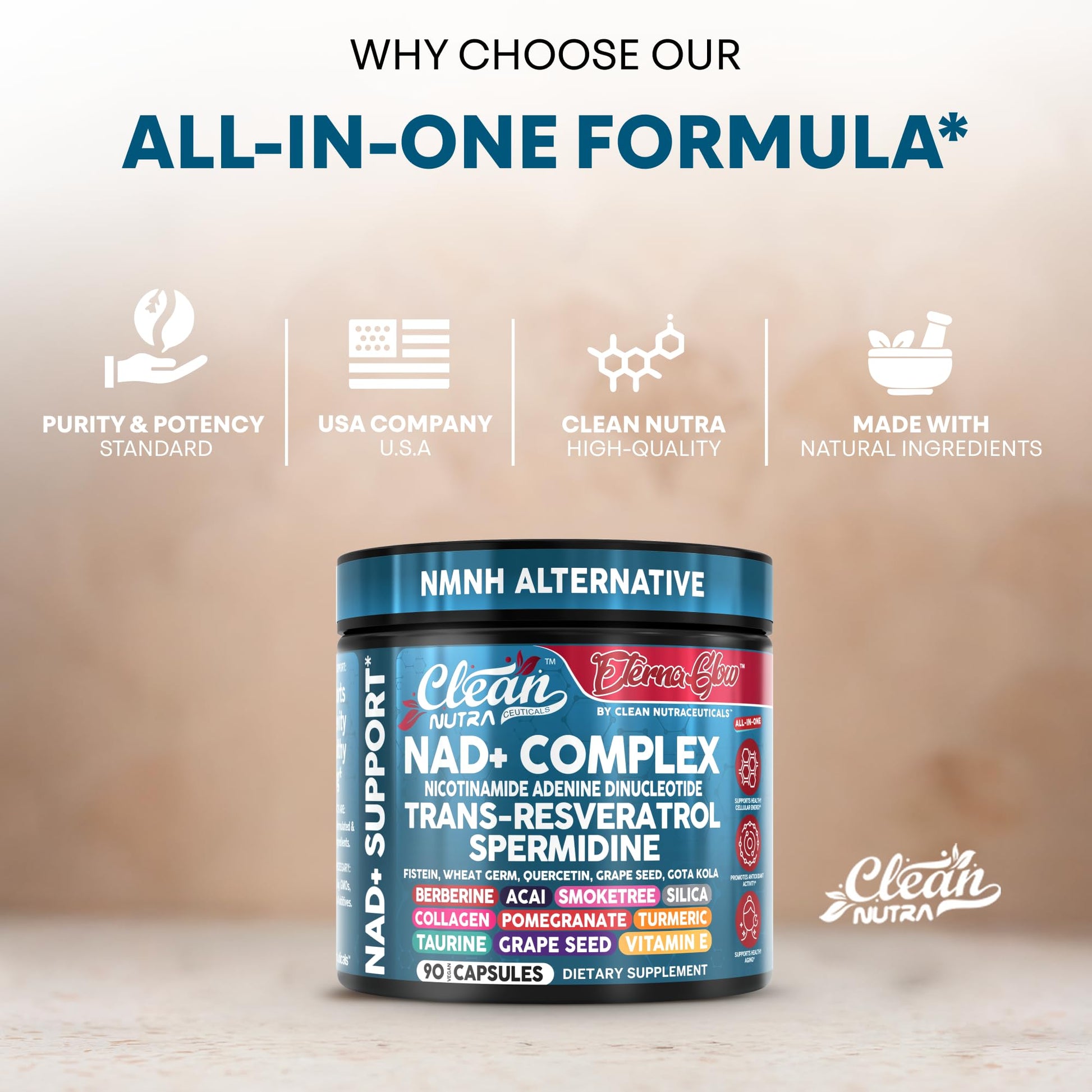 Clean NAD Supplement Resveratrol Liposomal NAD+ Spermidine Fisetin Wheat Germ Quercetin Grape Seed Extract Gotu Kola Berberine Astaxanthin Peptides for Women Energy 90 Capsules Clean NutraceuticalsBuy Supplements Australia
