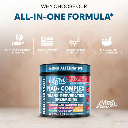 Clean NAD Supplement Resveratrol Liposomal NAD+ Spermidine Fisetin Wheat Germ Quercetin Grape Seed Extract Gotu Kola Berberine Astaxanthin Peptides for Women Energy 90 Capsules Clean NutraceuticalsBuy Supplements Australia