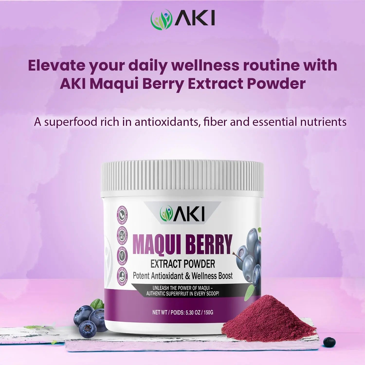 AKI Maqui Berry Extract Powder – Wild Harvested from Patagonia, High in Anthocyanins & Polyphenols, Freeze-Dried Superfruit for Smoothies, Non-GMO, Vegan, 150g/ 5.3 oz AKI ORGANIC buy supplements Au