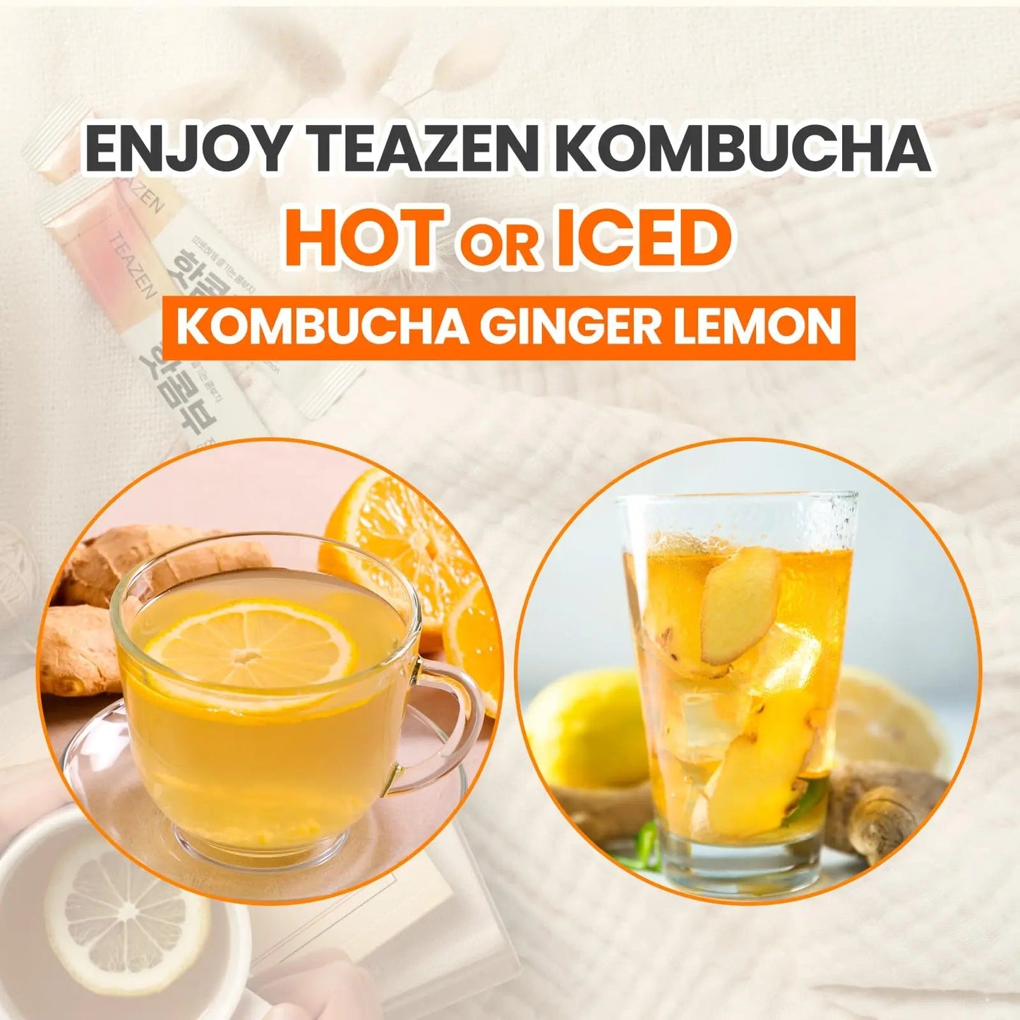 TEAZEN Lemon Ginger Hot Kombucha Tea, Live Probiotics & Postbiotics, Relaxation and Warmth for Colds and Sore Throat, Hydration Drink Mix, Sugar Free, 30 Sticks, 5.29oz TEAZENBuy Supplements Australia