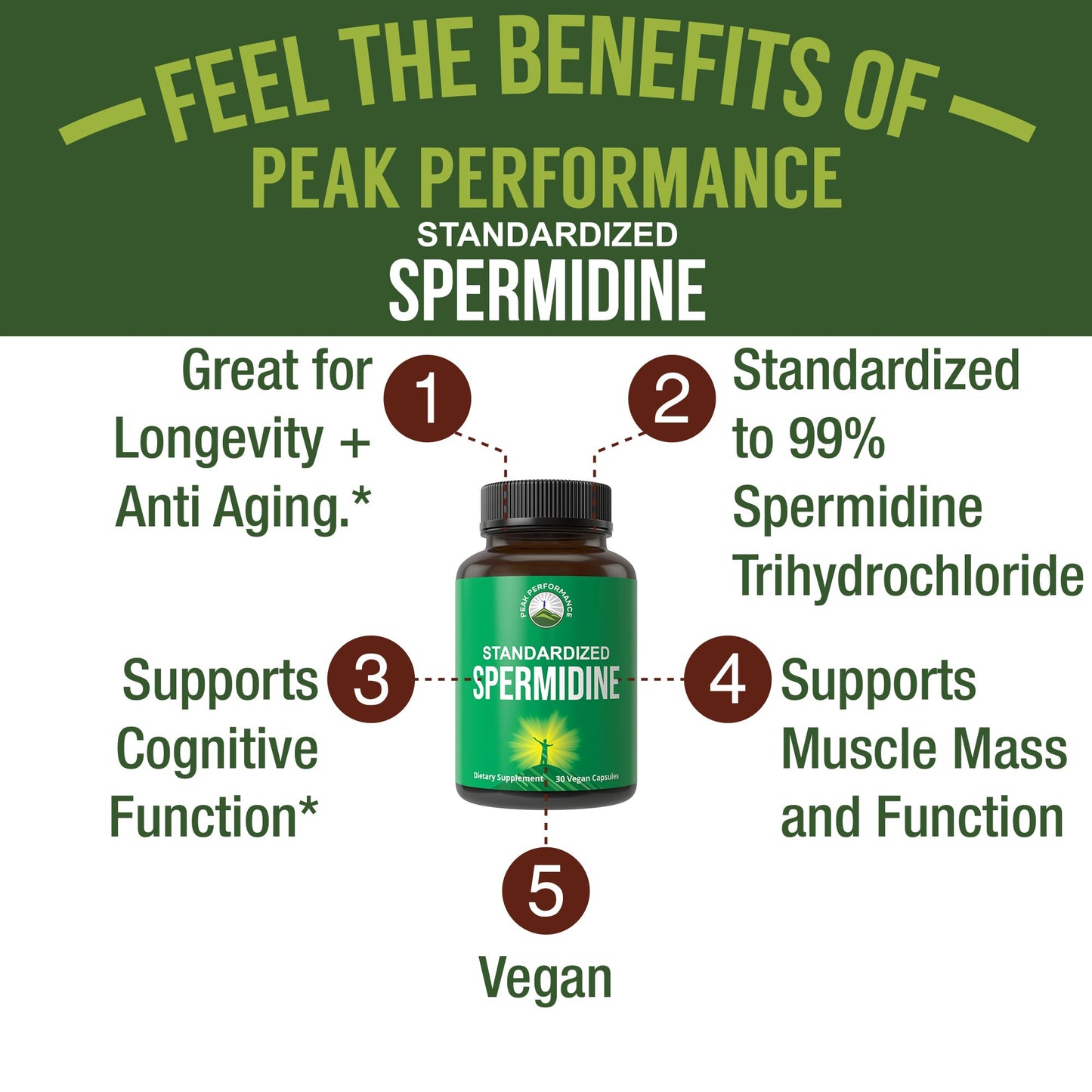 Spermidine Supplement Ultra High Strength Standardized to 99% Spermidine Trihydrochloride. More Potent Than Wheat Germ Extract. Vegan Capsules for Healthy Aging, Longevity. USA Tested Supplements Peak PerformanceBuy Supplements Australia