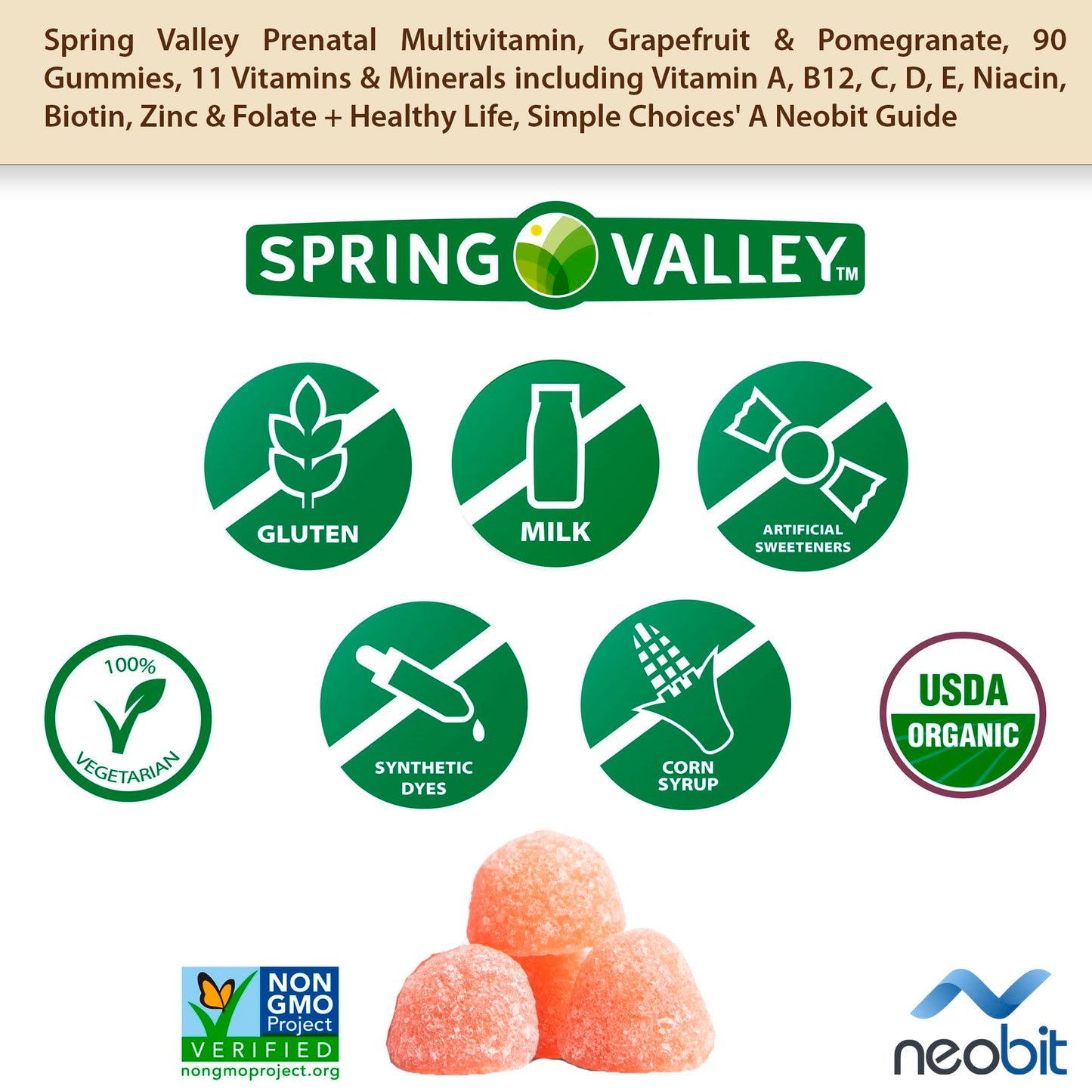 Spring Valley Prenatal Multivitamin, Grapefruit & Pomegranate, 90 Gummies, 11 Vitamins Neobit