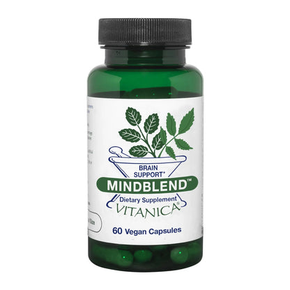 Green supplement bottle labeled 'Mindblend' by Vitanica on a white background