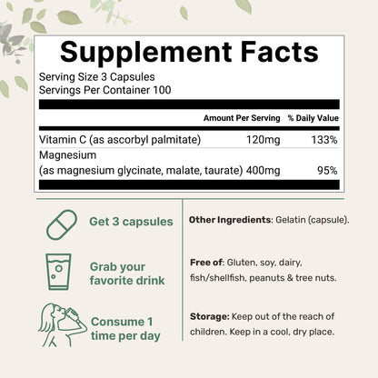 Micro Ingredients Pure Magnesium Complex, 300 Capsules | Triple Magnesium Glycinate, Malate, Taurate with Vitamin C | 100% Chelated | Supports Muscles Micro Ingredients