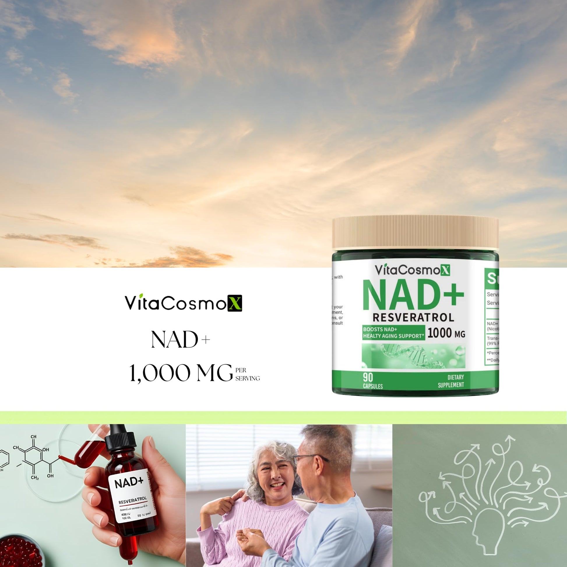 VitaCosmoX NAD+ with Resveratrol Similar to Nicotinamide Riboside Supplement, 1000 mg, 90 Capsules Vegan Non-GMO VitaCosmoXBuy Supplements Australia