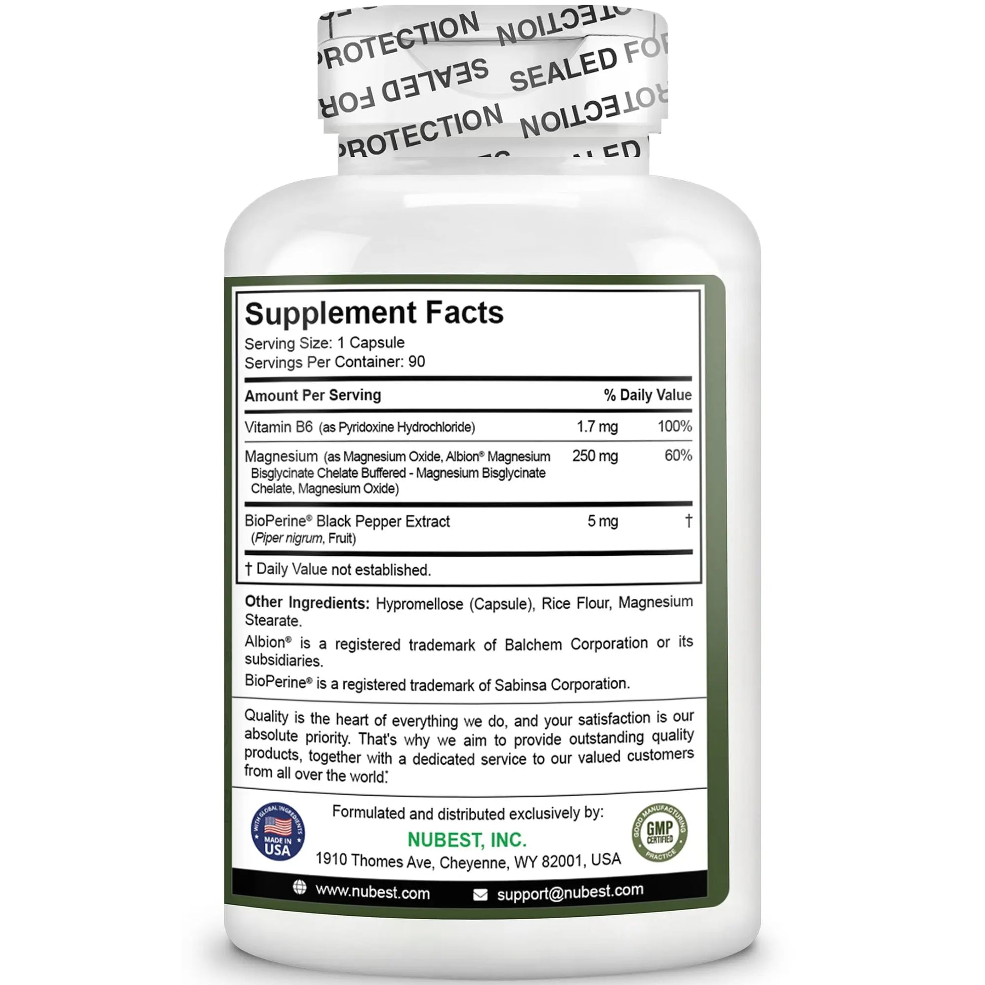 Magnesium Glycinate Chelate Complex with Albion Magnesium Bisglycinate Chelate, Vitamin B6 & BioPerine for Bone, Muscle, Natural Sleep, NuBest