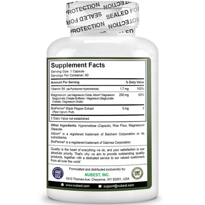 Magnesium Glycinate Chelate Complex with Albion Magnesium Bisglycinate Chelate, Vitamin B6 & BioPerine for Bone, Muscle, Natural Sleep, NuBest