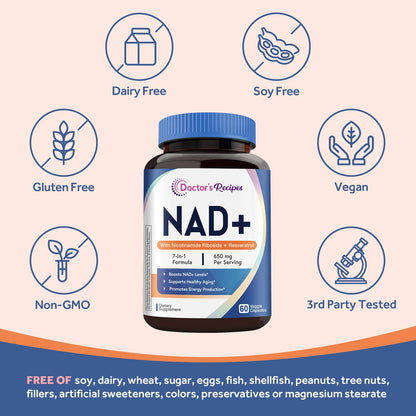 Doctor's Recipes NAD Supplement, Nicotinamide Riboside, Resveratrol, NMN Alternative for Anti-Aging, w/Magnesium Glycinate & L-Tryptophan, 650mg Per Serving, Energy & Mood Boost, 60 Vegan Capsules Doctor's RecipesBuy Supplements Australia