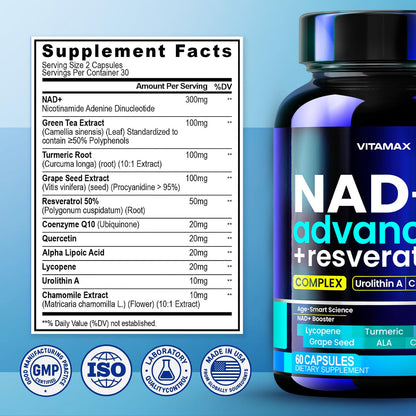 Liposomal NAD+ Supplement Extra Strength | Urolithin A, Resveratrol, CoQ10 - Women & Men - ALA, Green Tea, Quercetin, Lycopene | High Purity, Energy & Regeneration - Made in USA – 60ct VitamaxBuy Supplements Australia