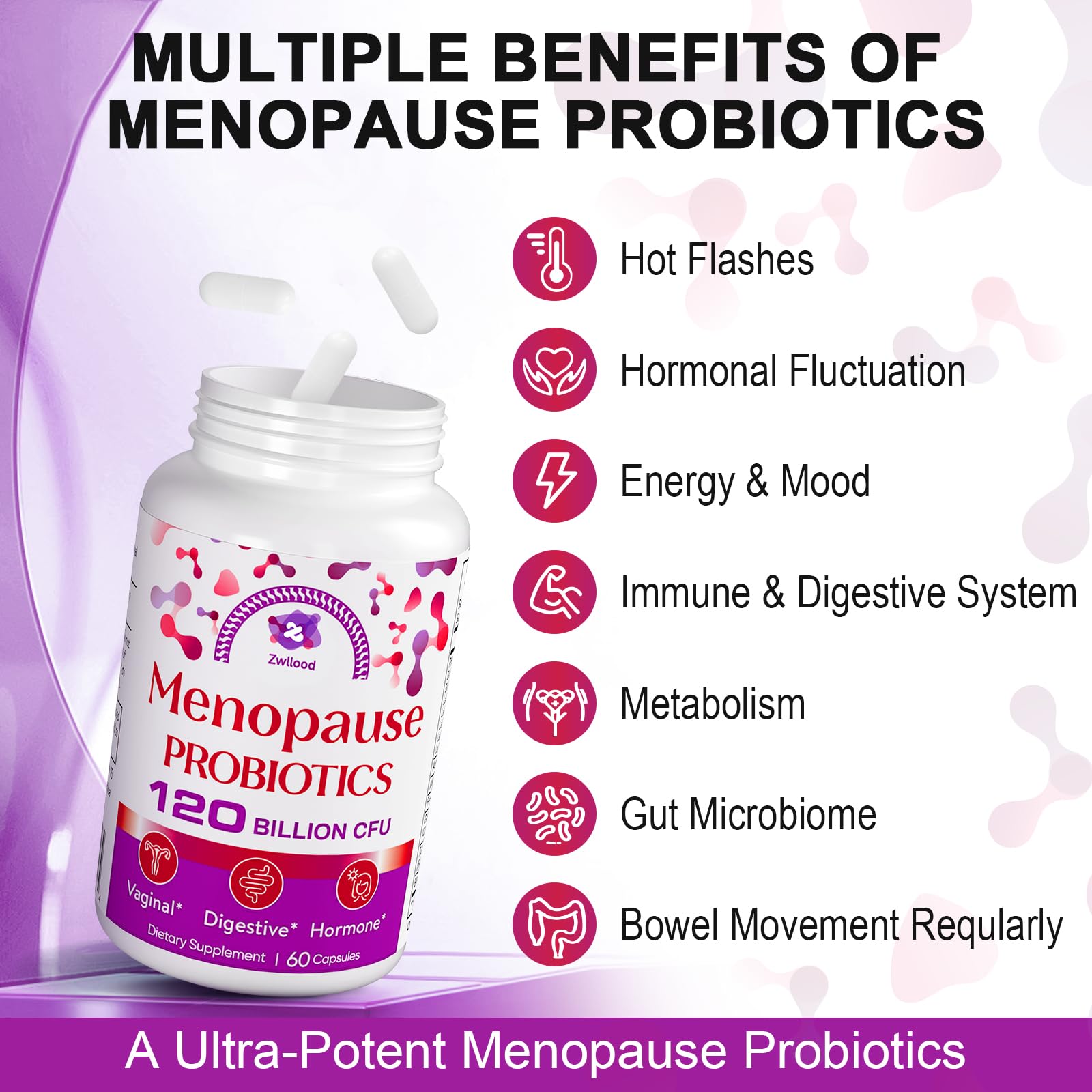 Menopause Supplements for Women, 120 Billion CFU Menopause Probiotics for Women, All-Natural Probiotic for Hot Flashes Menopause, Night Sweats, Mood Swings, Gut and Hormone - 60 Herbal Capsules ZwlloodBuy Supplements Australia