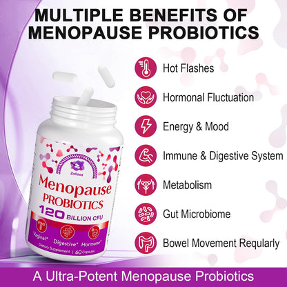 Menopause Supplements for Women, 120 Billion CFU Menopause Probiotics for Women, All-Natural Probiotic for Hot Flashes Menopause, Night Sweats, Mood Swings, Gut and Hormone - 60 Herbal Capsules ZwlloodBuy Supplements Australia