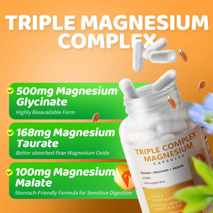 Triple Magnesium Complex - Magnesium Glycinate, Taurate & Malate Supplement with Omega3, Ashwagandha, GABA for Sleep, Brain Heart & Muscle Support - High Absorption and Gentle, Vegan, 120 Capsules iMATCHME buy supplements Au