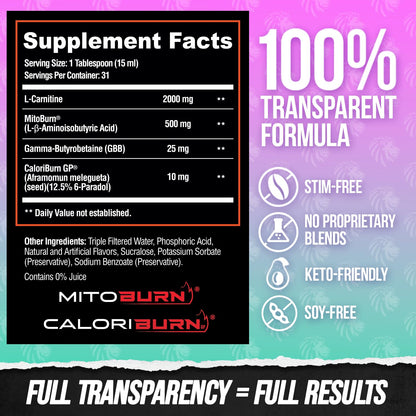 ALPHA LION Burn2O L-Carnitine Liquid 2000mg – Stim Free Super Thermogenic Fat Burner with MitoBurn® & CaloriBurn GP®, Metabolism Booster, Zero Calorie
