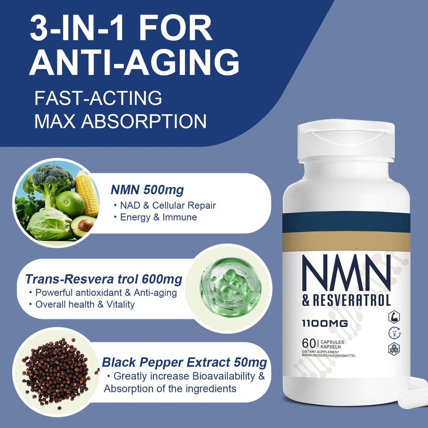 Jeaderly 1100mg NMN & Trans-Resveratrol, 3-in-1 Supplement, 60 Veggie Capsules – Supports NAD+ Boost*, Cellular Energy, Immune Function, Muscle Health & Anti-Aging, 30-Day Supply JeaderlyBuy Supplements Australia