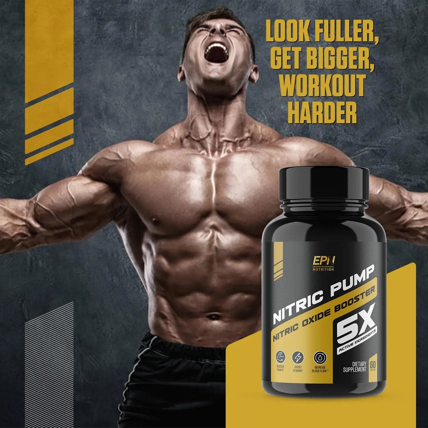 Nitric Pump 5X | #1 Rated Nitric Oxide Booster Supplement | Stim Free Pre Workout EPN Supplements