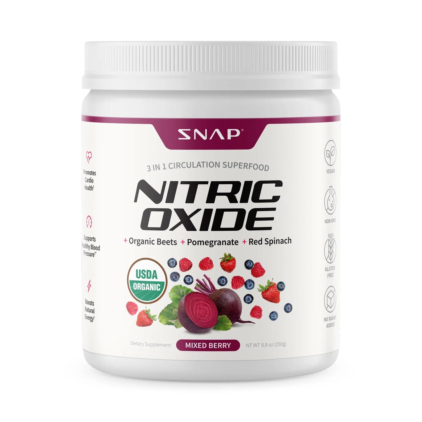 SNAP Nitric Oxide supplement container with mixed berry flavor on a white background