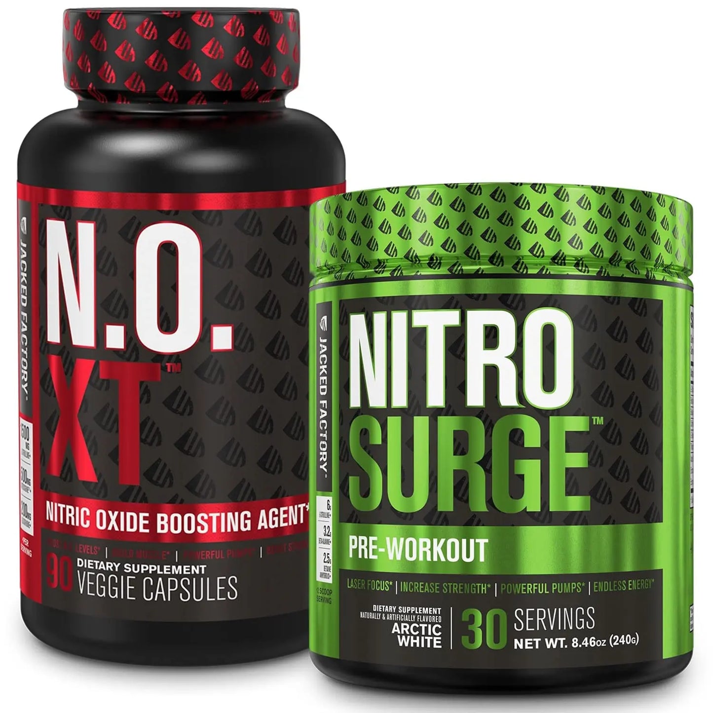 Jacked Factory Nitrosurge Pre-Workout in Arctic White & N.O. XT Nitric Oxide Booster Jacked Factory