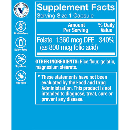 The Vitamin Shoppe Folic Acid 800MCG, Supports Prenatal & Fetal Development (100 Capsules) The Vitamin Shoppe