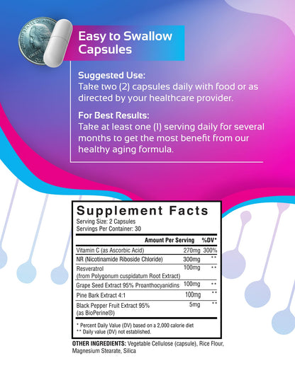 NR + Resveratrol Supplement - Increase NAD, DNA & Cellular Health, Longevity, Vitality. 5-in-1 Anti Aging Formula w/ Nicotinamide Riboside, Trans Resveratrol, Vitamin C, Grape Seed, Pine Bark CogniTuneBuy Supplements Australia