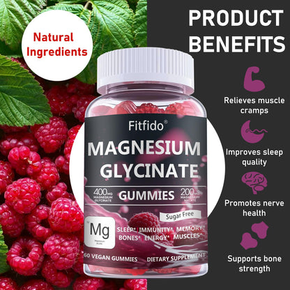 Magnesium Glycinate Gummies 400mg, Chewable Sugar Free Magnesium Supplement with Magnesium Glycinate, Magnesium Malate and Protein for Sleep, Relaxation, Brain & Muscle - Vegan (60 Count, Raspberry) FitfidoBuy Supplements Australia