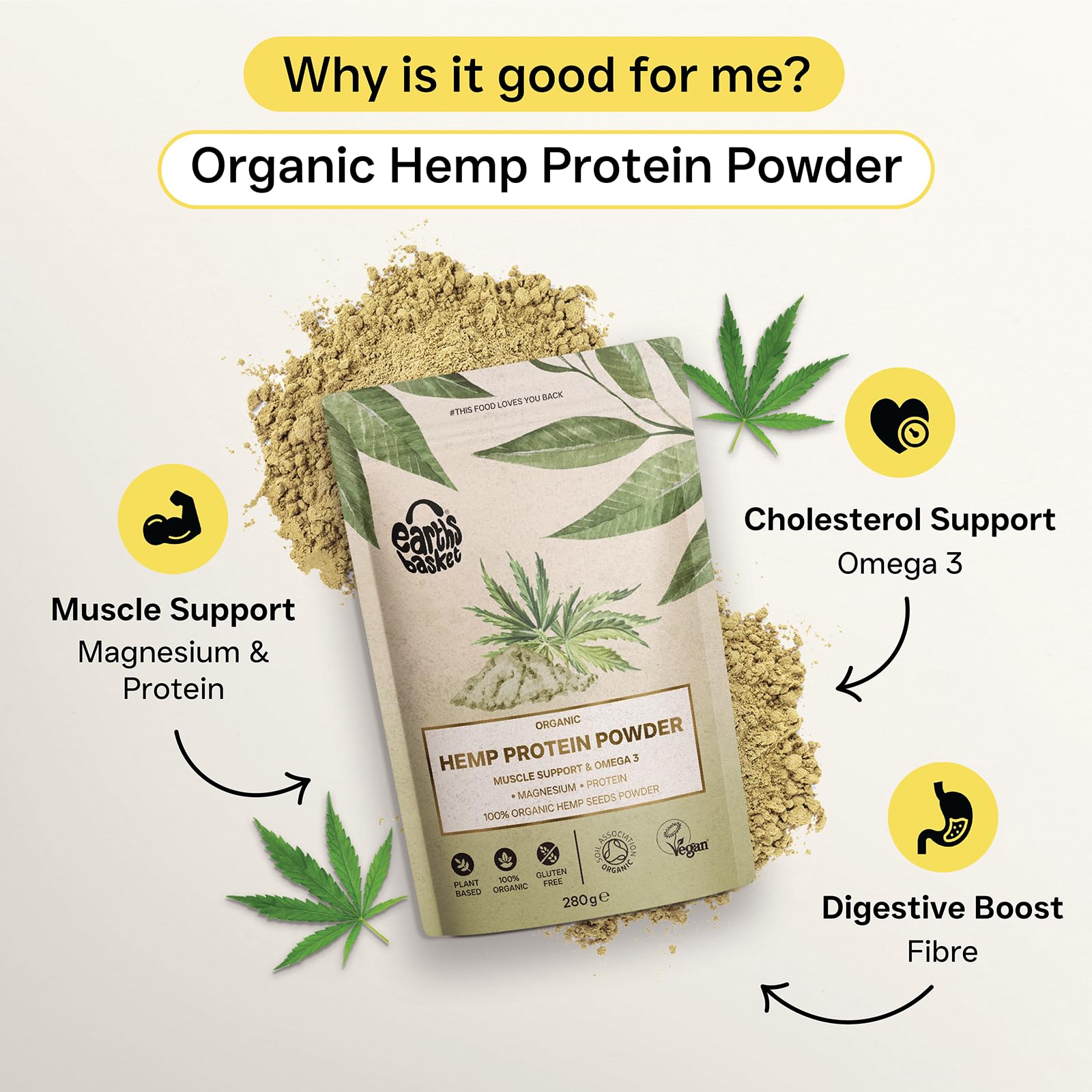 Earths Basket Organic Hemp Protein Powder,280g Natural, Unflavoured, Vegan, Gluten Free EARTHS BASKET