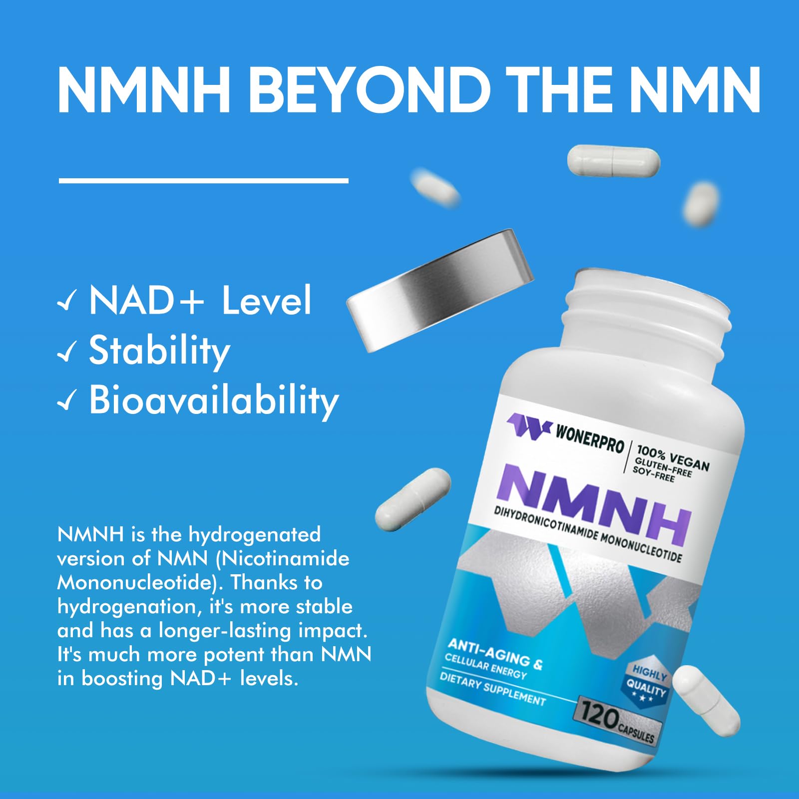 WONERPRO NMNH (NMN Supplement Alternative)，1000mg Per Serving NAD Supplement to Boost NAD+ Levels as We Age, for Anti Aging, Energy, Focus - 120 Capsule WONERPROBuy Supplements Australia