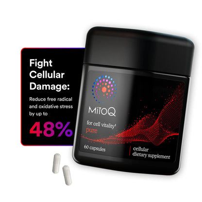 MitoQ supplement container with capsules on a white background
