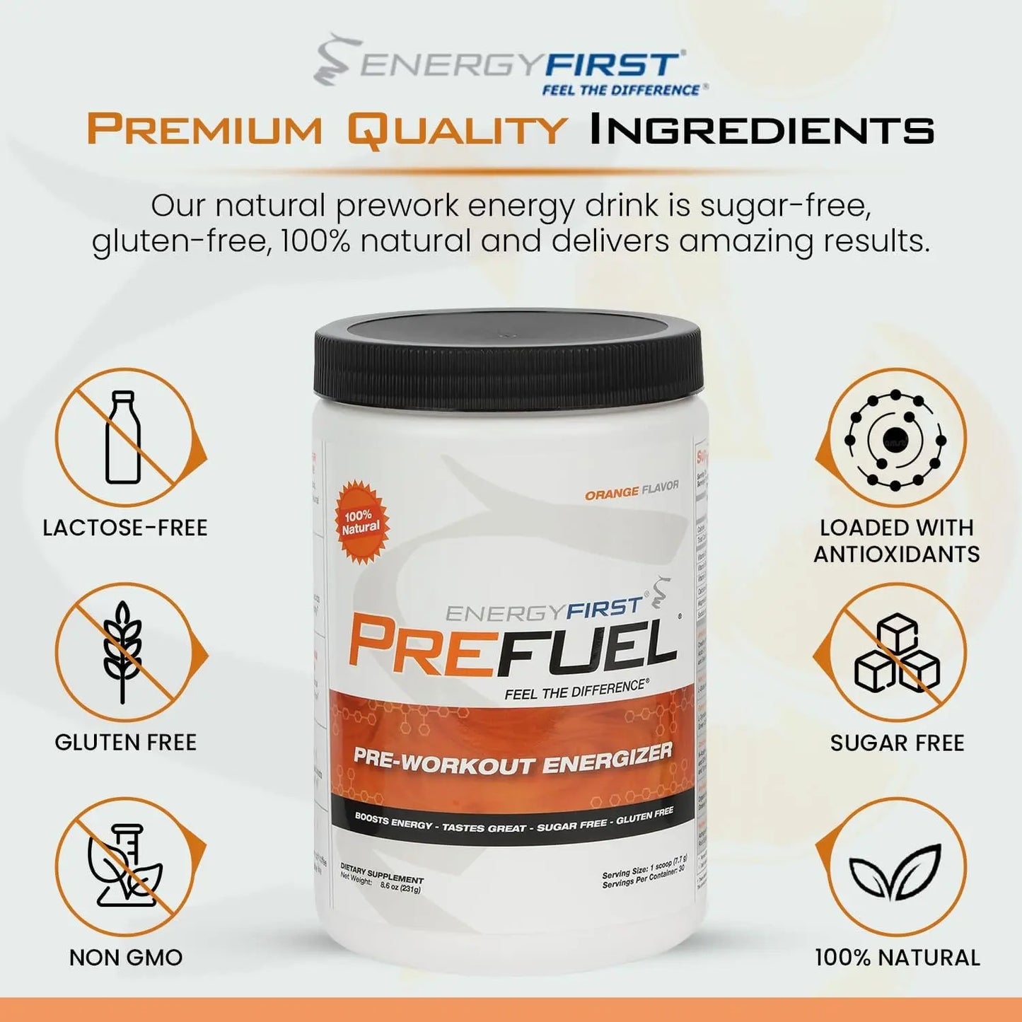 EnergyFirst Prefuel Pre-Workout Powder, Orange Flavor, Boost Energy, Creatine Monohydrate EnergyFirst