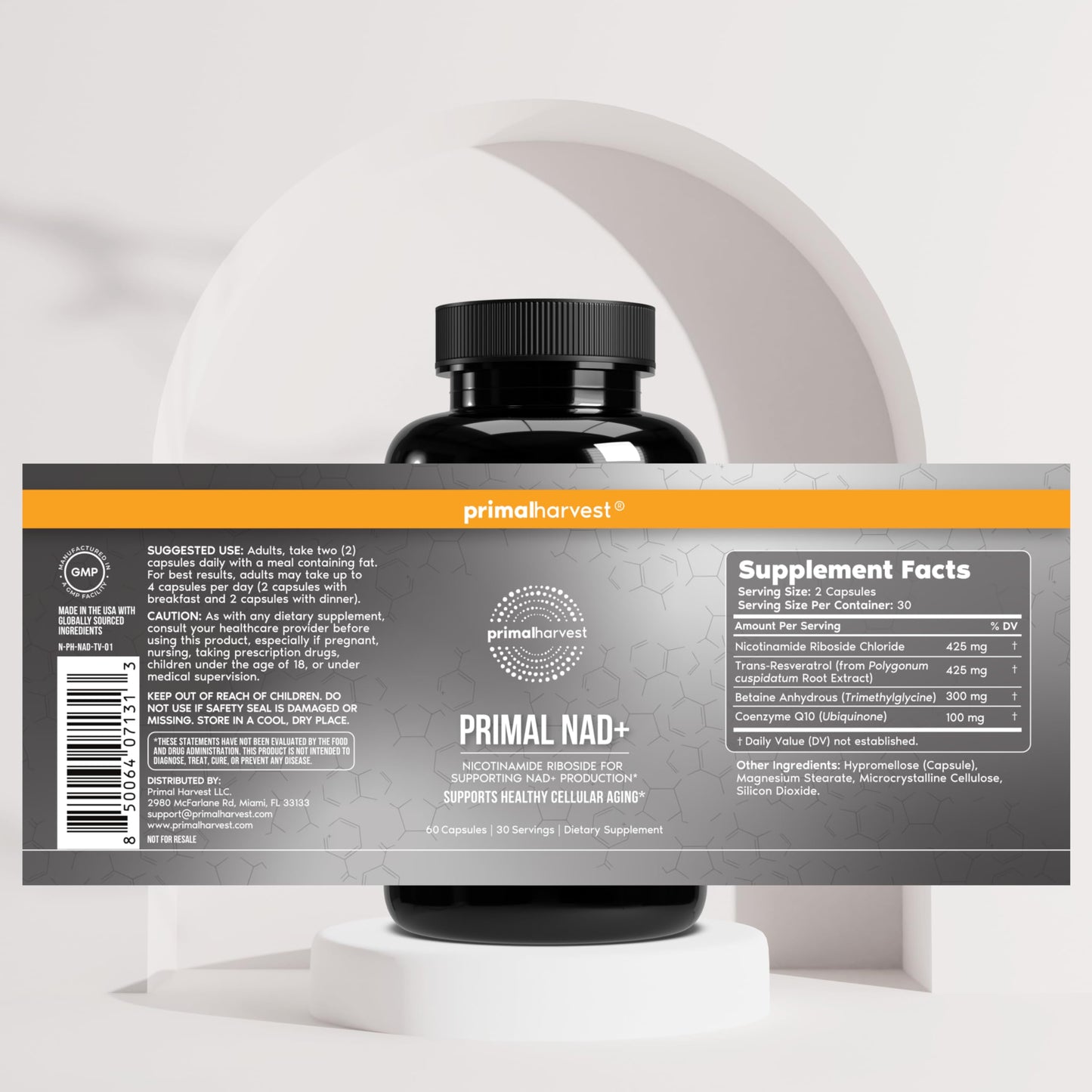 Primal Harvest NAD+ Supplement: Nicotinamide Riboside, Trans-Resveratrol, Betaine, CoQ10, NAD Supplements for Cellular Health, Energy, and Mitochondrial Support (60 Count (1 Pack) Primal HarvestBuy Supplements Australia