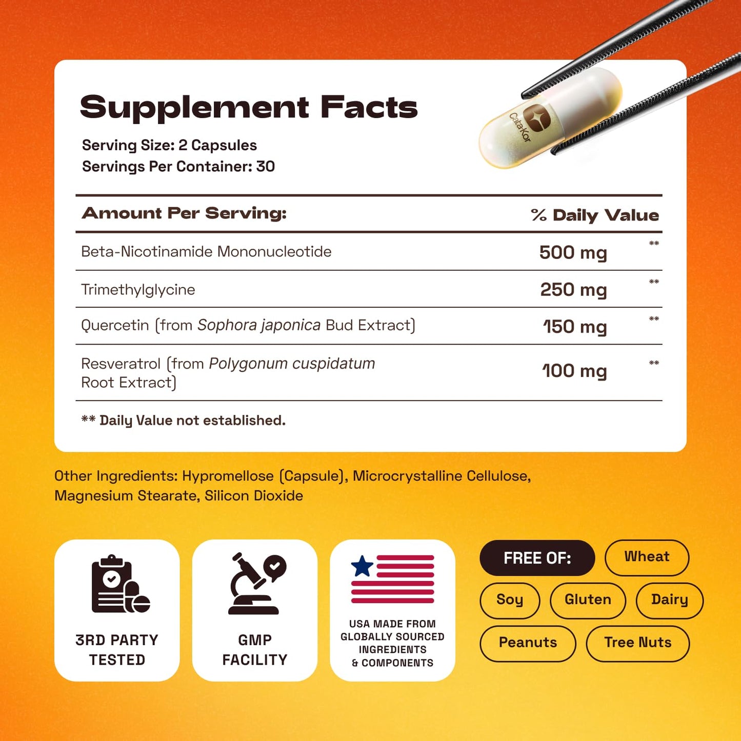 Cata-Kor NMN Supplement – 4-in-1 NAD Supplement with Quercetin | TMG | Resveratrol – NMNH Alternative – Supports Cellular Energy & NAD+ Levels – 60 Capsules – Third-Party Tested (1 Pack) Cata-KorBuy Supplements Australia
