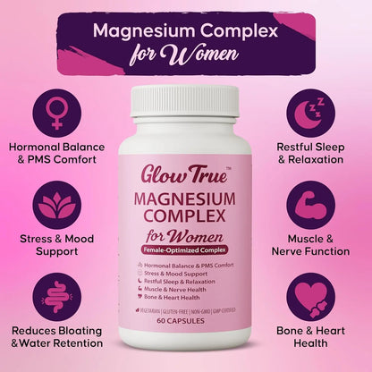 Magnesium Complex for Women – Spectrum 5-Form Magnesium Complex (500 mg), High Absorption Glycinate, Citrate, Oxide & Malate – Vegan, Non-GMO Supports Sleep, Energy, Hormone & Bone – 60 Capsules GlowTrue buy supplements Au