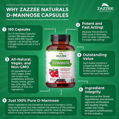 Zazzee D-Mannose, 1000 mg per Serving, 180 Vegan Capsules, 3 Month Supply, Potent Zazzee
