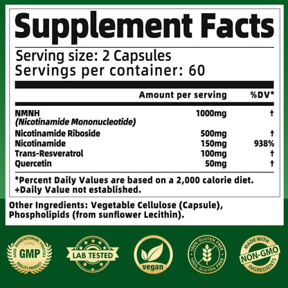 NMNH Supplement 1000mg - Nicotinamide Mononucleotide Alternative, Boost NAD+ with Liposomal Resveratrol & Nicotinamide Riboside NR, for Healthy Cellular, Aging, Energy, 120 Vegan Non-GMO Capsules QmiozzyBuy Supplements Australia