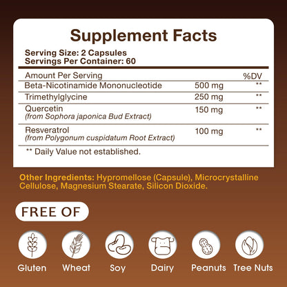 NMN Supplement 1000mg - NMN Supplement 1000mg Pure Organic, NMNH Alternative, Resveratrol Supplement, NAD+ Supplement, TMG & Quercetin for Cellular Support 120 Capsules RiRywony HealthBuy Supplements Australia