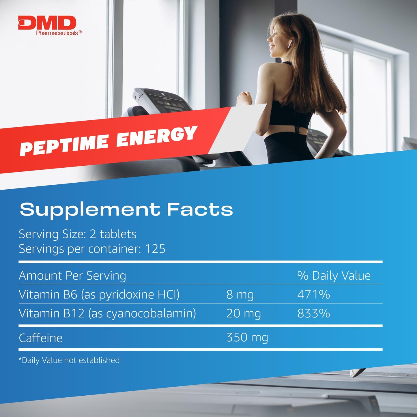 PEPTIME Energy Tablets, Vitamin B6 and B12 Caffeine Pills, 350 mg Caffein