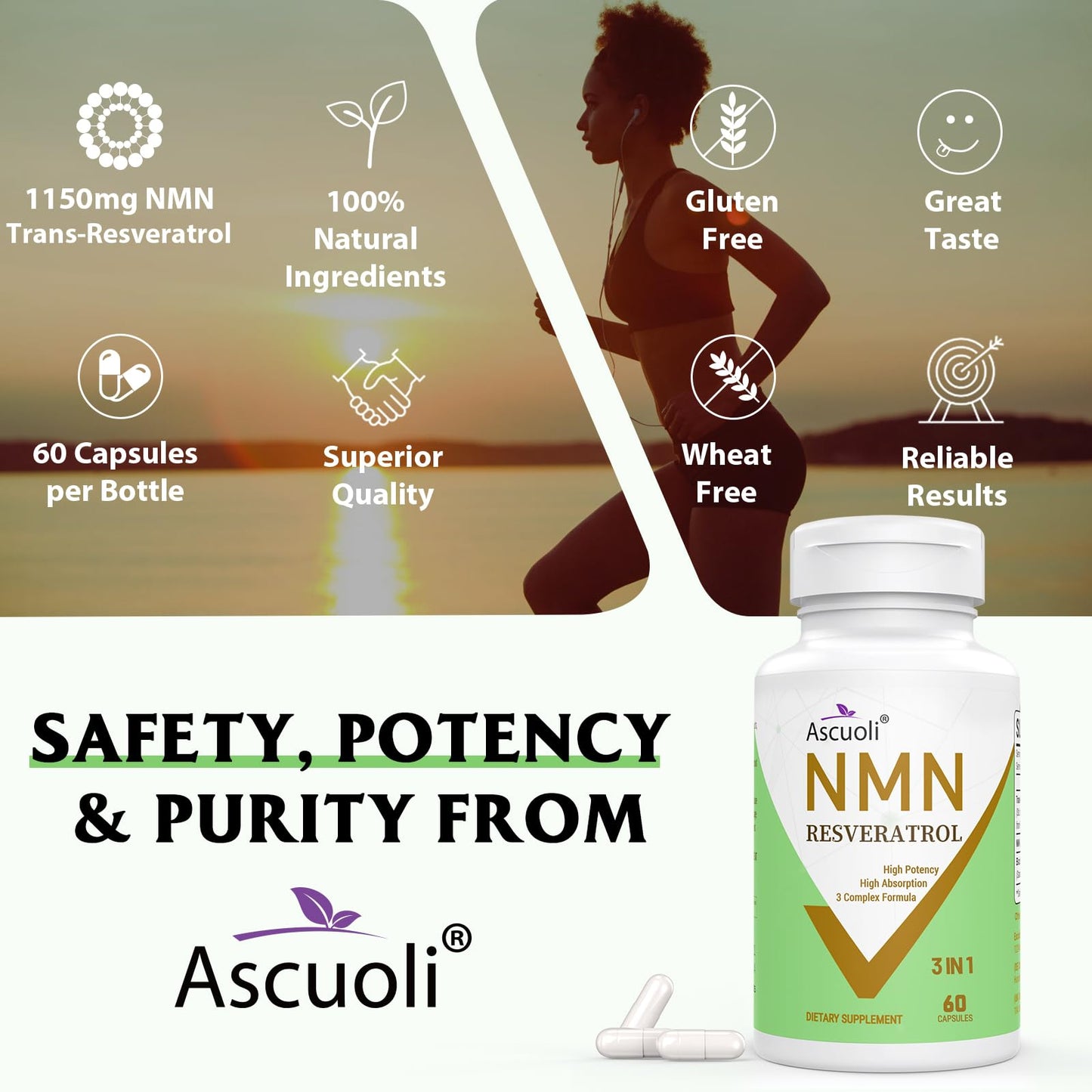 99% Ultra Purity NMN 500mg + Trans-Resveratrol 600mg, 1150mg NMN Resveratrol Supplement, 3-in-1 Advanced Formula for Boost* NAD, Cell, Immune, Energy & Muscle, Healthy Aging, Stabilized Form - 60 Caps AscuoliBuy Supplements Australia