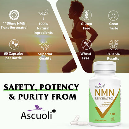 99% Ultra Purity NMN 500mg + Trans-Resveratrol 600mg, 1150mg NMN Resveratrol Supplement, 3-in-1 Advanced Formula for Boost* NAD, Cell, Immune, Energy & Muscle, Healthy Aging, Stabilized Form - 60 Caps AscuoliBuy Supplements Australia